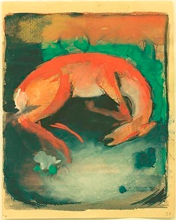Orangerotes totes Reh zusammengekrümmt vor dunklem Grund mit grünen Flächen – Franz Marc Getötetes Reh Kunstkopie