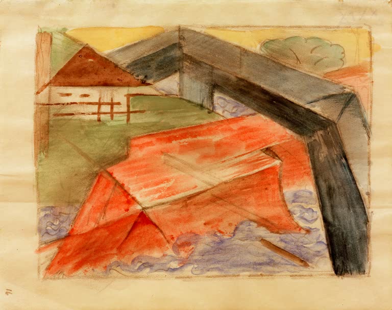 Haus mit rotem Dach und grauer Brücke in zarten Aquarellfarben – Franz Marc Haus und Brücke Kunstkopie