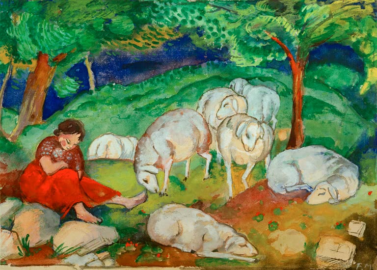 Hirtin in rotem Rock ruht zwischen weißen Schafen unter Bäumen – Franz Marc Hirtin mit Schafen Kunstkopie
