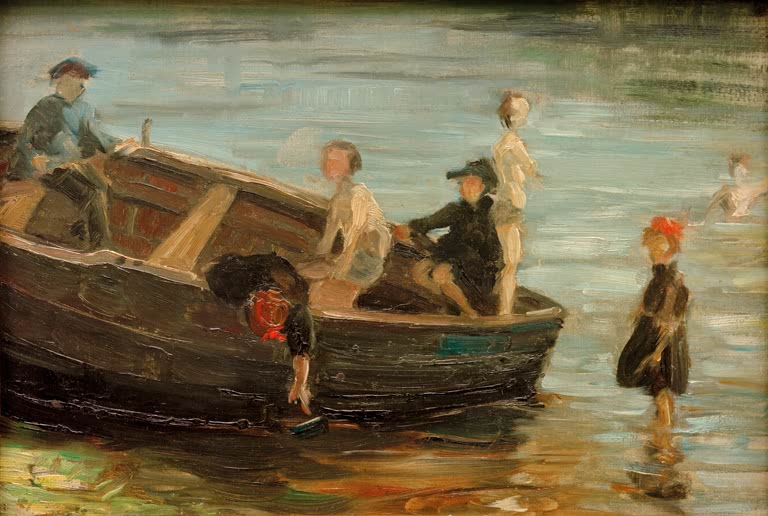 Kinder in und neben einem Ruderboot am flachen Ufer – Franz Marc Kinder im Boot Kunstkopie