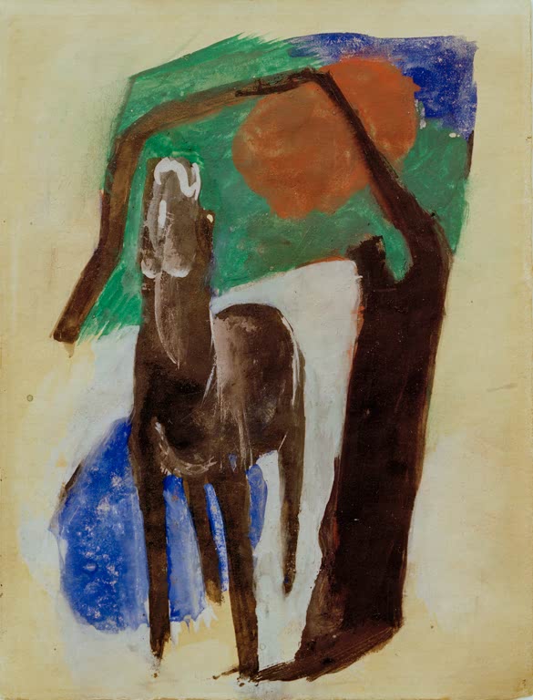Dunkles Pferd mit erhobenem Kopf vor grünen, blauen und braunen Farbflächen – Franz Marc Klagendes Pferd Kunstkopie