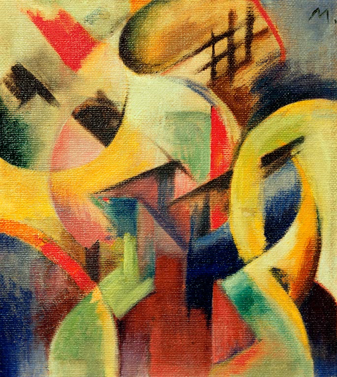 Abstrakte Komposition aus gelben Bögen, grünen, roten und blauen Flächen – Franz Marc Kleine Komposition I Kunstkopie