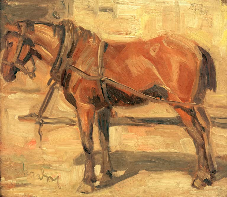 Braunes Arbeitspferd mit Geschirr in Seitenansicht – Franz Marc Kleine Pferdestudie Kunstkopie