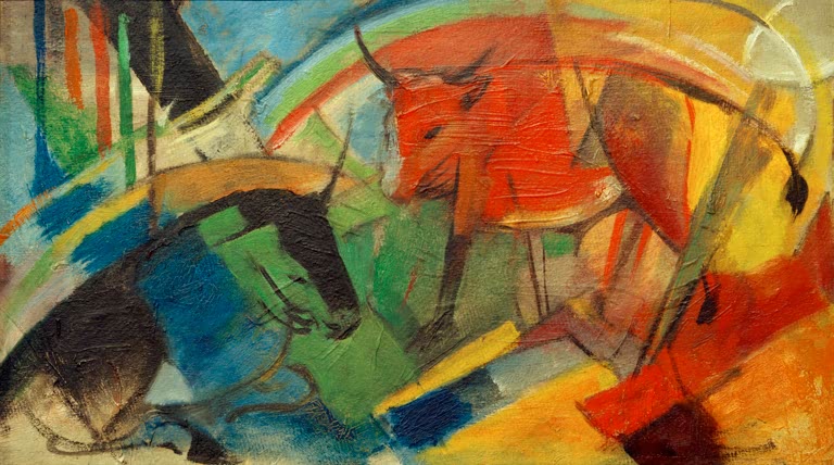 Rote und dunkle Rinder unter einem Regenbogen in leuchtenden Farbflächen – Franz Marc Kleines Bild mit Rindern Kunstkopie