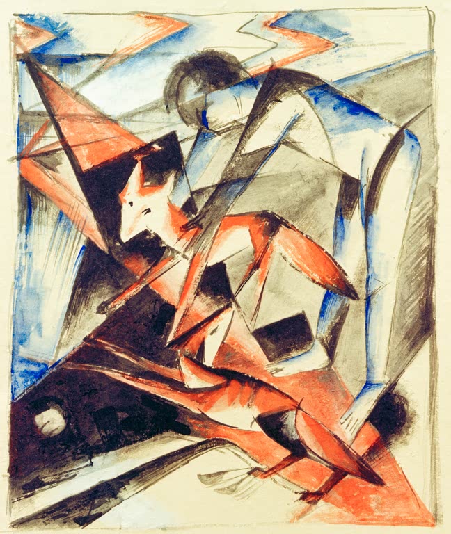 Roter Fuchs und dunkle Figur in zersplitterten Flächen aus Rot, Blau und Schwarz – Franz Marc Noah und die Füchse Kunstkopie
