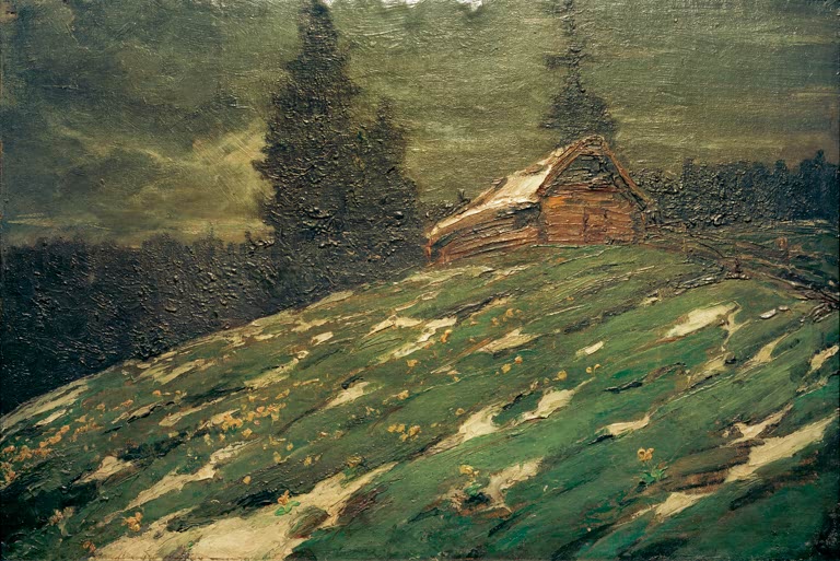 Almhütte unter dunklen Tannen auf grünem, schneefleckigem Hang – Franz Marc Ohne Titel Kunstkopie