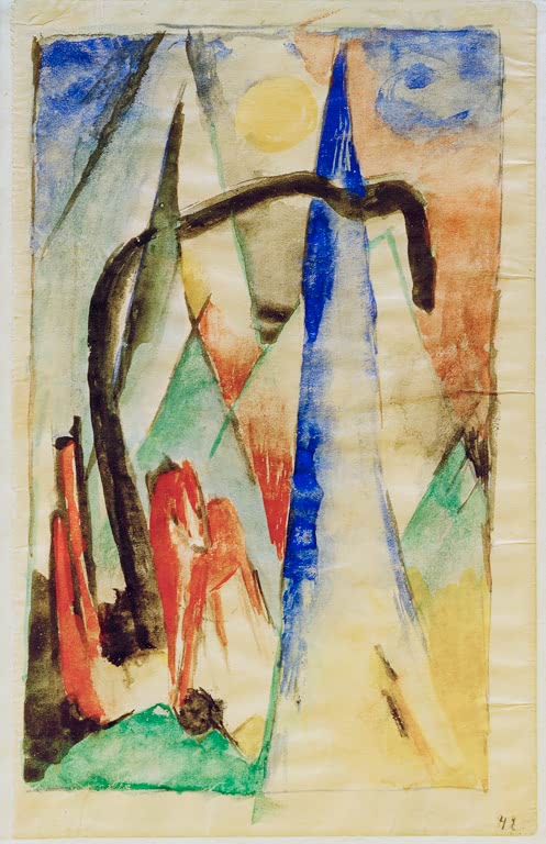 Rotes Pferd unter schwarzem Bogen, blaue Zacken – Franz Marc Pferd in Landschaft mit spitzen Formen Kunstkopie