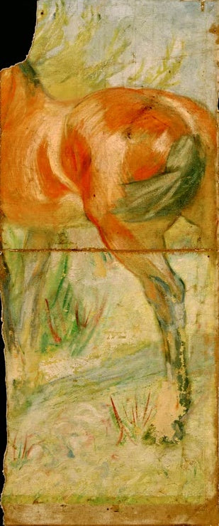 Rotbraunes Pferd von hinten vor hellem Buschwerk auf schmalem Hochformat – Franz Marc Pferd vor großem Busch Kunstkopie