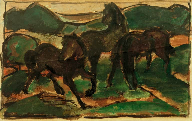 Dunkle Pferde auf einer Weide vor grünen Hügeln – Franz Marc Pferde auf der Weide I Kunstkopie