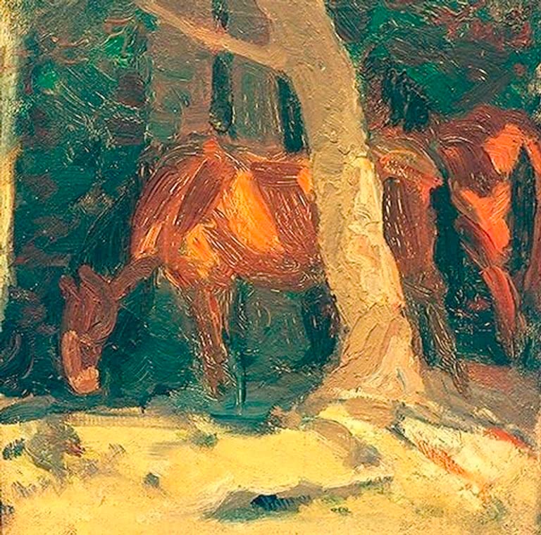 Braunes Pferd mit gesenktem Kopf zwischen hellem Baumstamm und dunklem Grün – Franz Marc Pferdeskizze I Kunstkopie