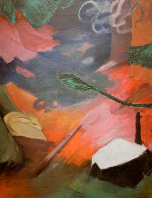 Rote und rosa Farbflächen, grüne Zweige, ein weißes Hausdach und Rauch im Wald – Franz Marc Reh im Walde I Kunstkopie
