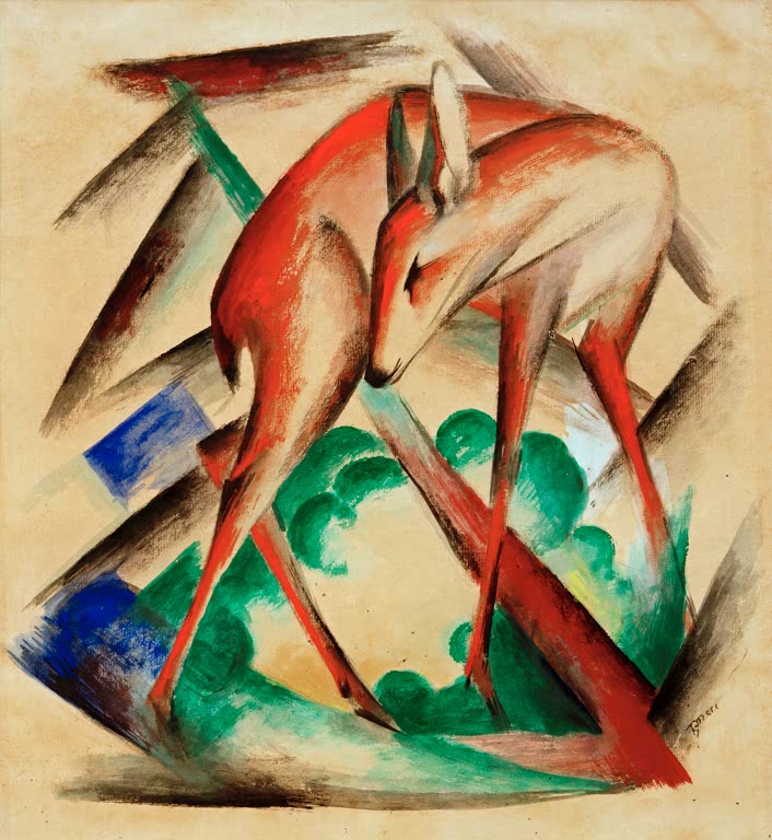 Rotes Reh mit gesenktem Kopf zwischen dunklen Spitzen und grünen Büschen – Franz Marc Reh (Rotes Reh) Kunstkopie