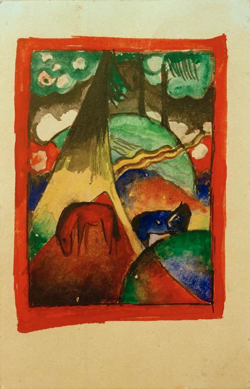 Rotes und blaues Pferd in bunter Hügellandschaft mit rotem Rand – Franz Marc Rotes und blaues Pferd in Landschaft Kunstkopie