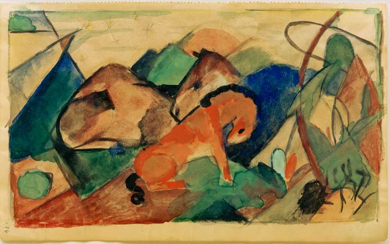 Ruhende Stute mit Fohlen zwischen grünen und blauen Bergformen – Franz Marc Ruhende Stute und Fohlen Kunstkopie