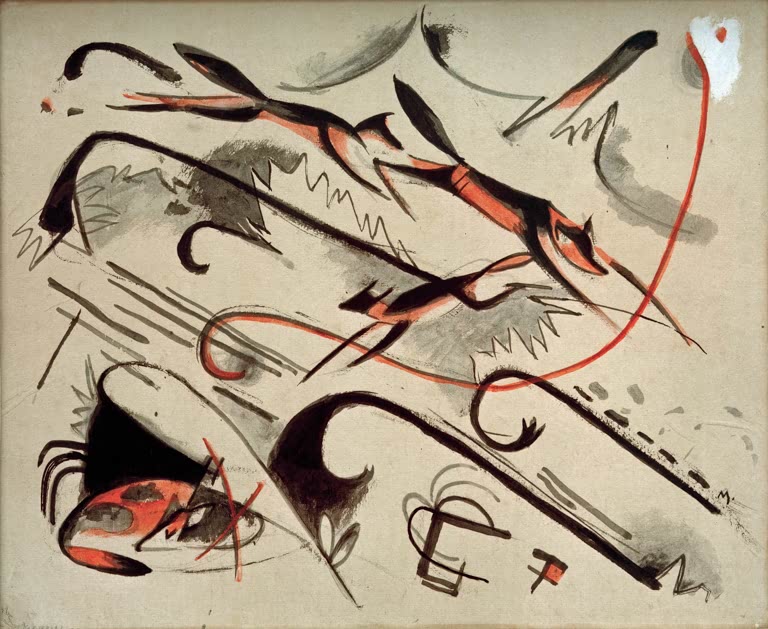 Schwarze und rote Fuchsformen mit roter Schlangenlinie auf Papier – Franz Marc Scherzo (Spielende Füchse) Kunstkopie