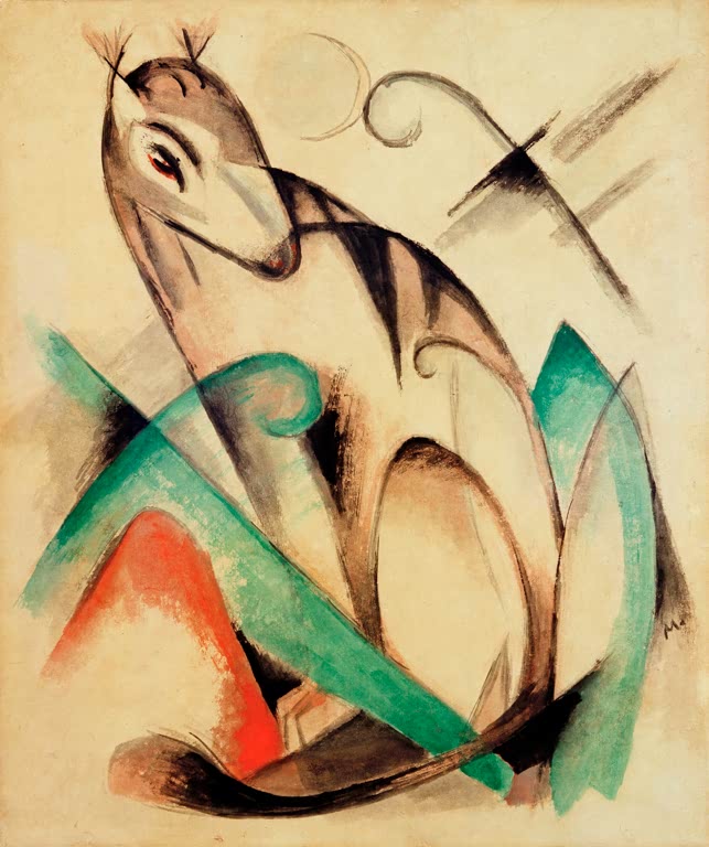 Sitzendes Fabeltier mit gestreiftem Körper vor grünen Bogenformen – Franz Marc Sitzendes Fabeltier Kunstkopie