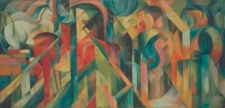 Pferdeköpfe und Stallarchitektur in zersplitterten Farbflächen – Franz Marc Ställe Kunstkopie