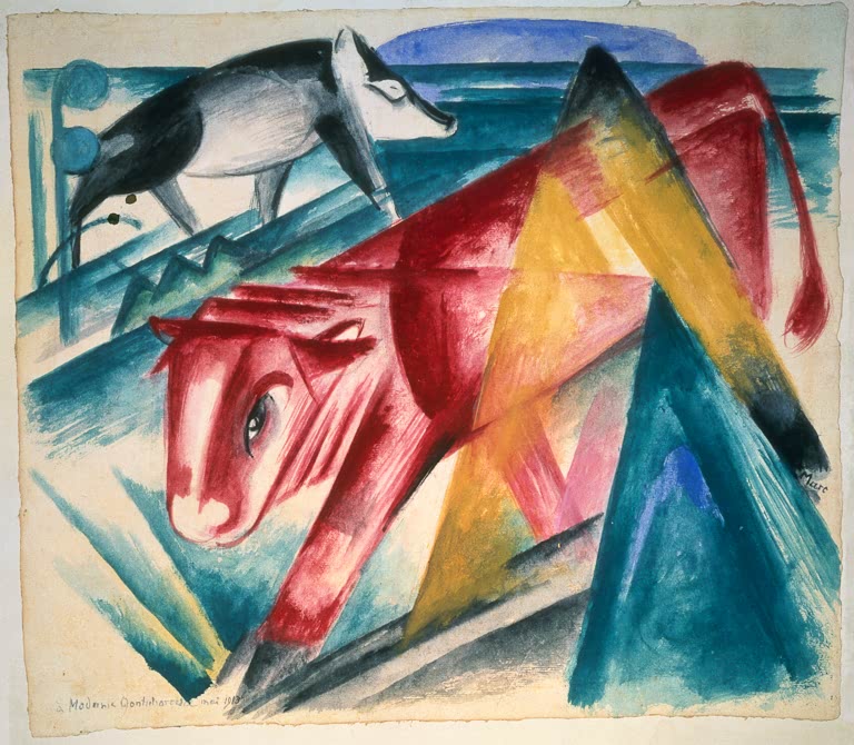 Rotes und dunkles Tier vor Dreiecken in Gelb und Türkis – Franz Marc Tiere Kunstkopie