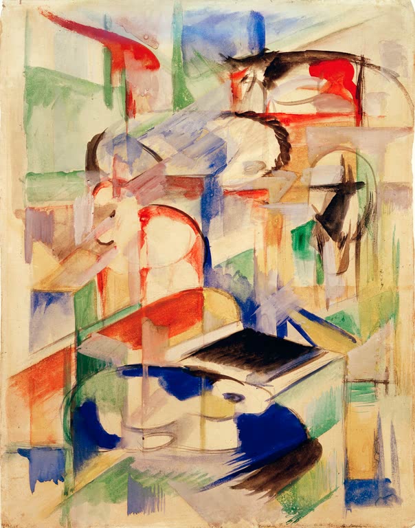Abstrakte Farbflächen in Blau, Rot und Grün mit angedeuteten Tieren – Franz Marc Tierkomposition Kunstkopie