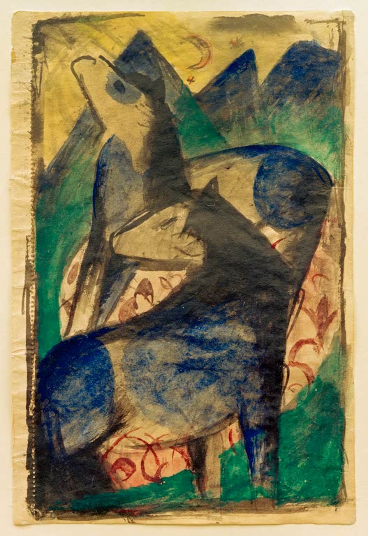 Zwei dunkelblaue Pferde vor Bergen in lasierender Farbe – Franz Marc Zwei blaue Pferde Kunstkopie