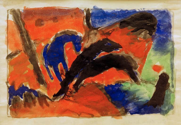 Blaues und schwarzes Pferd springen vor leuchtend rotem Grund – Franz Marc Zwei Pferde (Springende Pferde) Kunstkopie