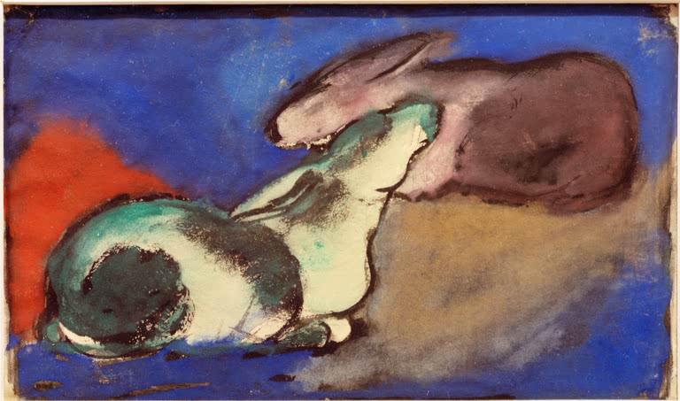 Zwei ruhende Hasen in Weiß, Grün und Violett auf blauem Grund – Franz Marc Zwei schlafende Hasen Kunstkopie