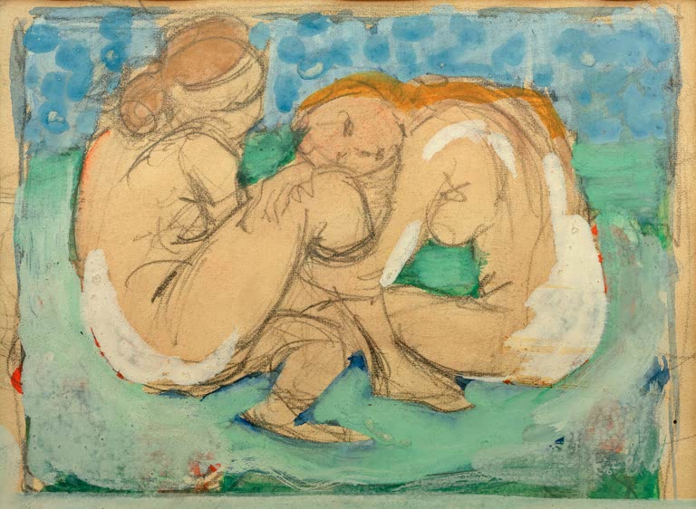 Zwei hockende weibliche Akte vor blauem und grünem Grund – Franz Marc Zwei weibliche Akte auf Blau Kunstkopie
