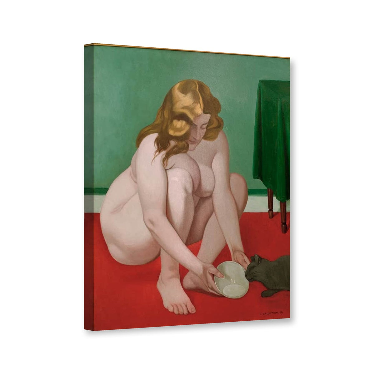 Frau mit Katze auf rotem Teppich von Félix Vallotton als Leinwand – Perspektivansicht
