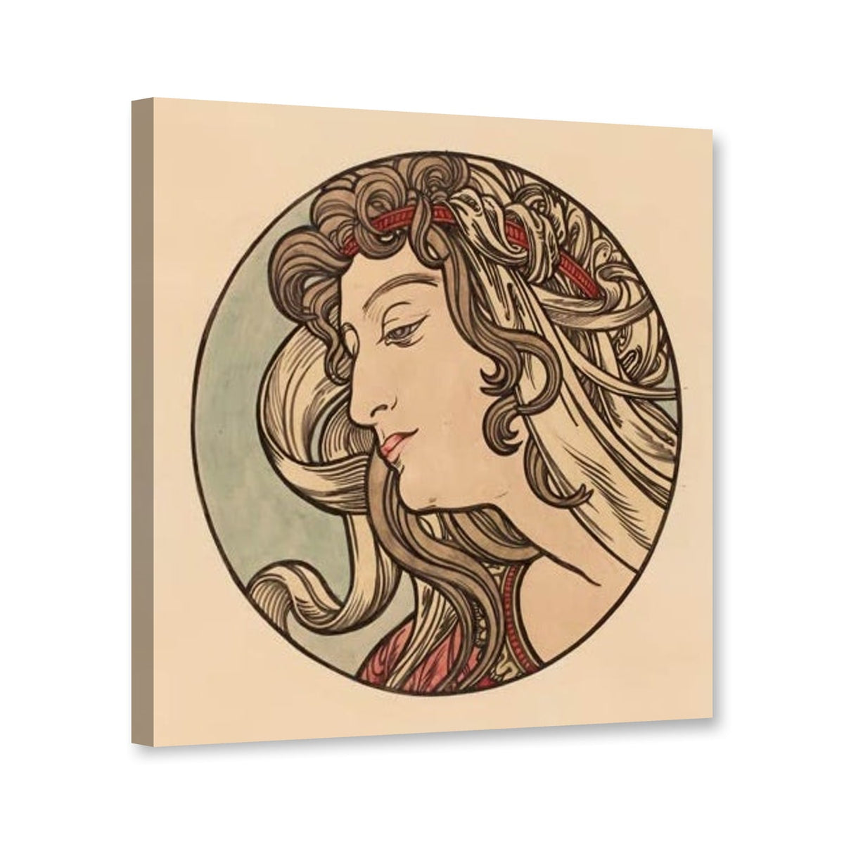 Frauenprofil mit rotem Haarband von Alfons Mucha als Leinwand – Perspektivansicht