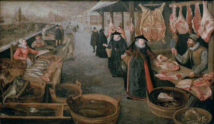 Winterlicher Markt mit Fisch- und Fleischständen und Passanten – Frederik van Valckenborch Fleisch- und Fischmarkt Kunstkopie