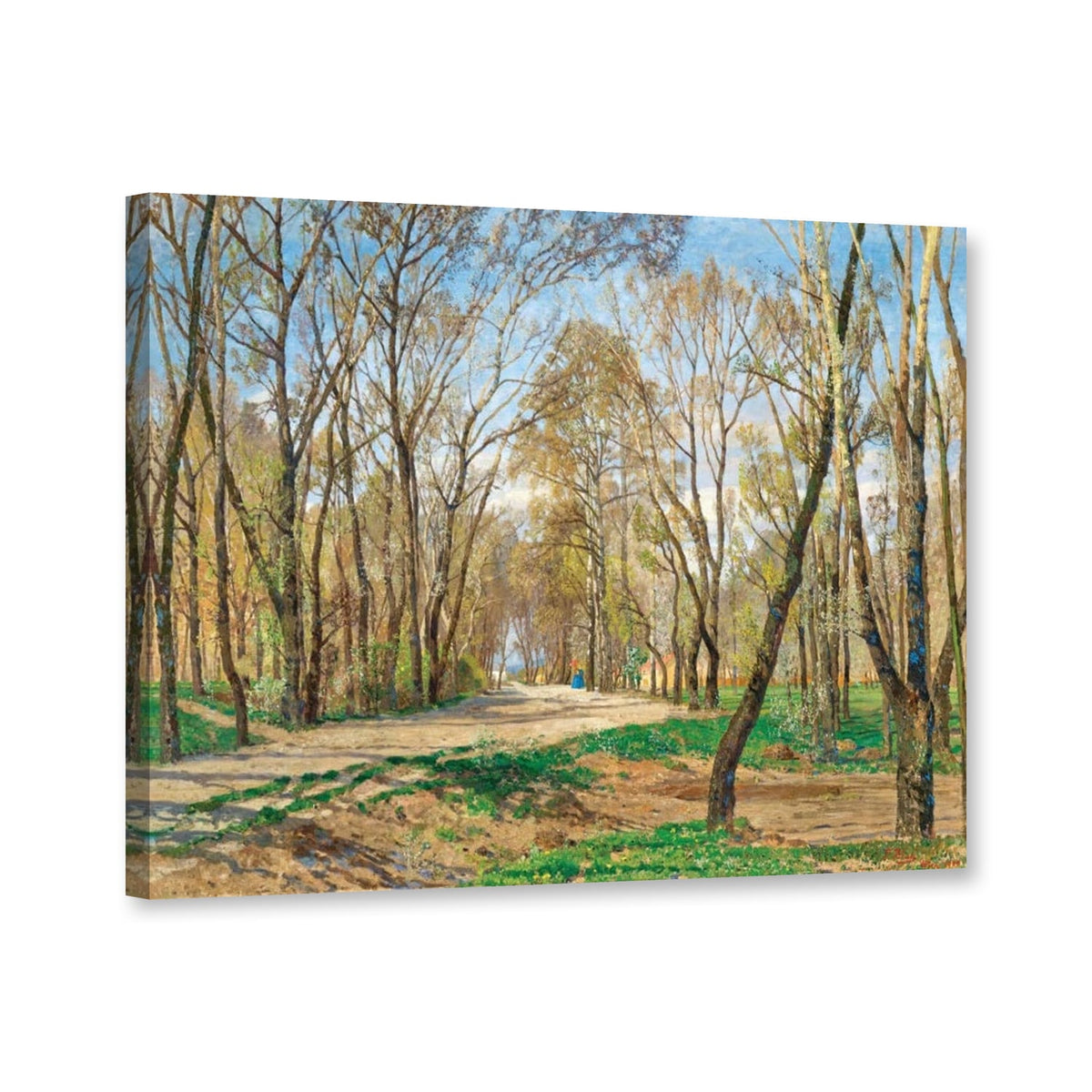 Frühling im Wiener Prater, Allee mit Spaziergängerin von Tina Blau als Leinwand – Perspektivansicht
