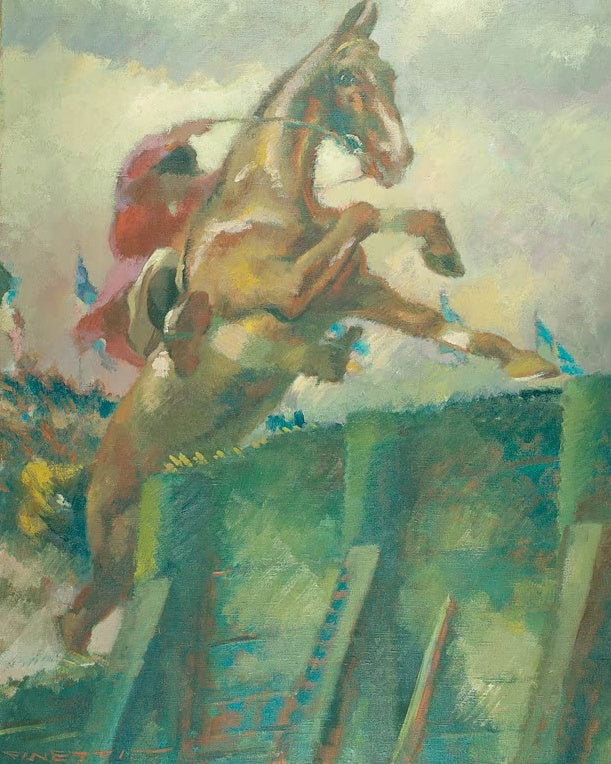 Gino de Finetti Pferderennen Kunstkopie, Jockey in Rot auf springendem Pferd über grüner Hecke vor bewölktem Himmel