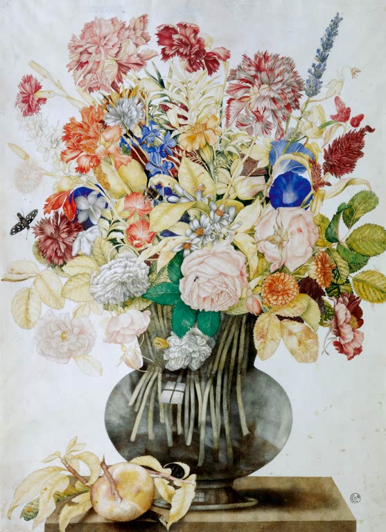 Giovanna Garzoni Bauchige Glasvase mit Blumenstrauß Kunstkopie, Nelken, Rosen und blaue Winden mit Falter