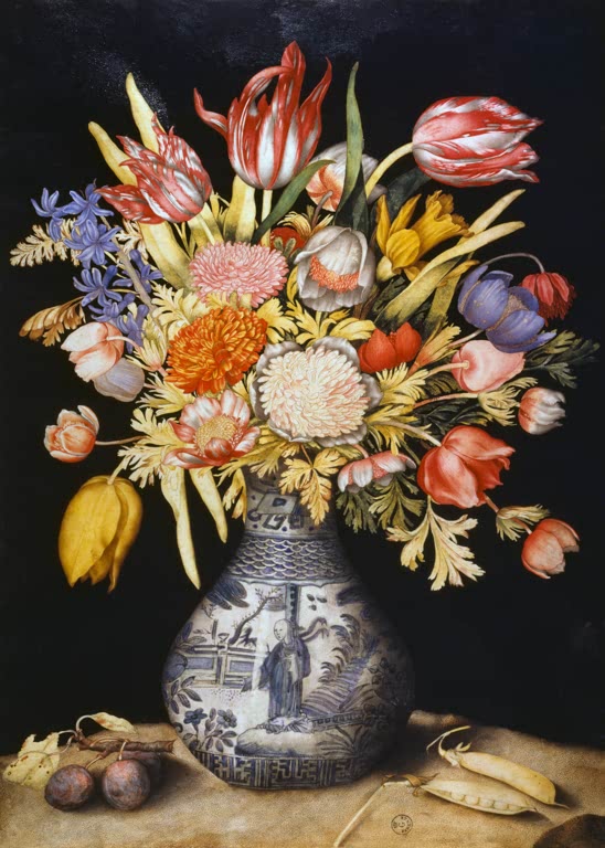 Giovanna Garzoni Blumenstrauß in einer chinesischen Vase Kunstkopie, Tulpen und Anemonen in blau-weißer Porzellanvase