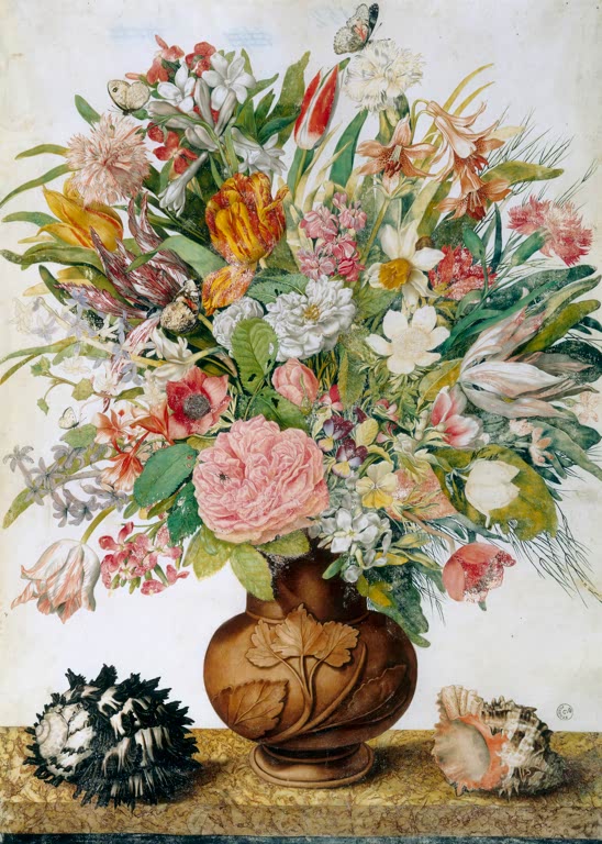 Giovanna Garzoni Blumenvase mit zwei Muscheln Kunstkopie, üppiger Strauß mit rosa Rose, Tulpen und Schmetterling