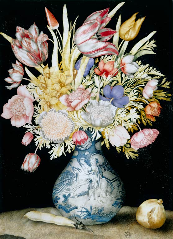 Giovanna Garzoni Chinesische Porzellanvase mit Blumenstrauß Kunstkopie, Tulpen und Narzissen vor schwarzem Grund