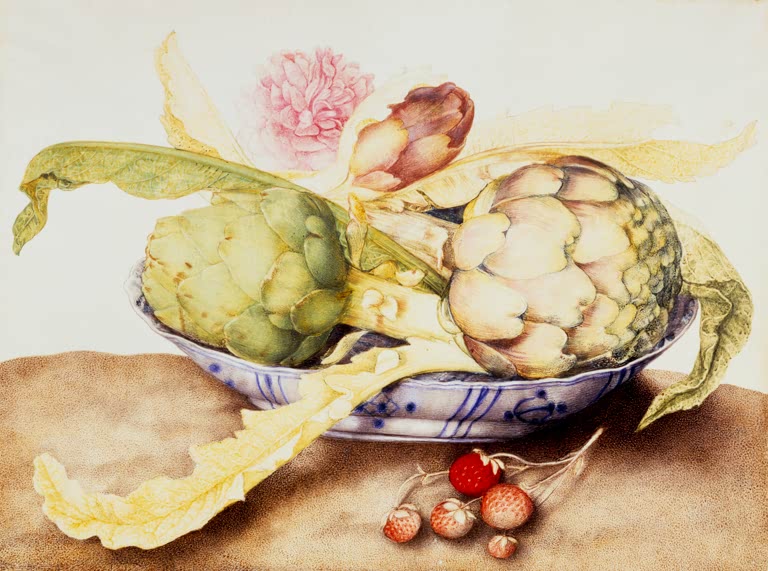 Giovanna Garzoni Chinesische Schale mit Artischocken und Erdbeeren Kunstkopie, Artischocken in blau-weißer Schale