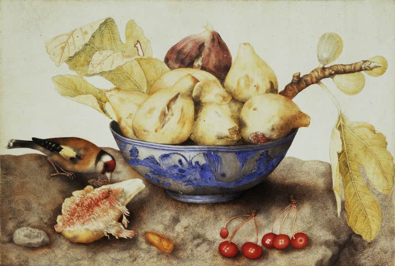 Giovanna Garzoni Chinesische Schale mit Feigen, Kirschen und Stieglitz Kunstkopie, blau-weiße Schale voller Feigen