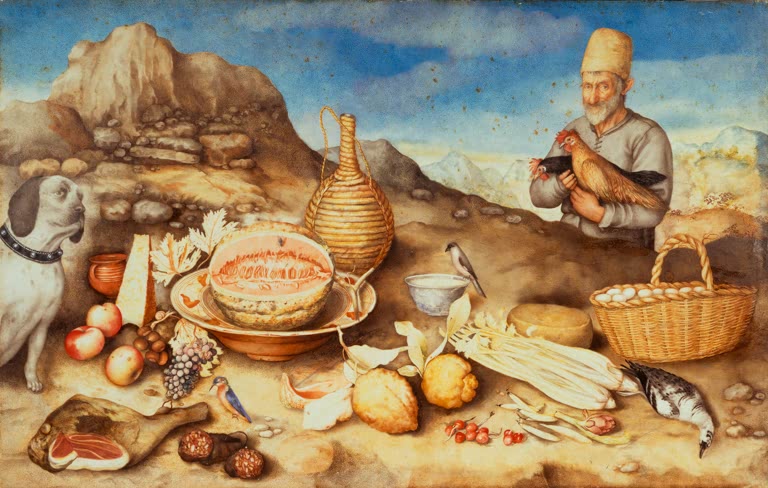 Giovanna Garzoni Der Alte aus Artimino Kunstkopie, alter Bauer mit Hühnern, Hund, Melone und Eierkorb in Landschaft