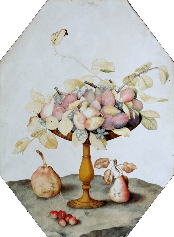 Giovanna Garzoni Fruchtschale mit Pflaumen, Birnen und Kirschen Kunstkopie, Pflaumen auf hoher Fußschale, davor Birnen