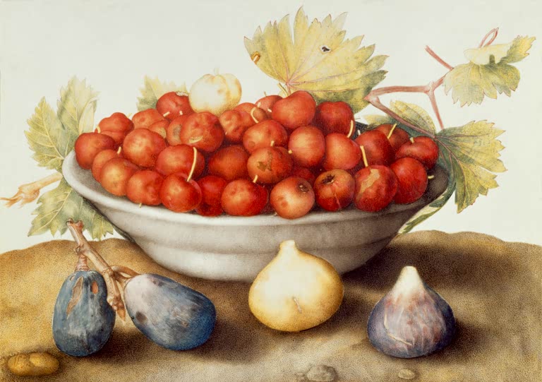 Giovanna Garzoni Schale mit Kirschen und Feigen Kunstkopie, weiße Schale voller roter Kirschen, davor vier Feigen