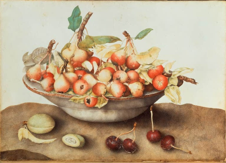 Giovanna Garzoni Schale mit kleinen Birnen, Kirschen und einer Mandel Kunstkopie, rotbackige Birnen in grauer Schale
