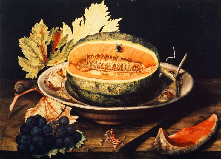 Giovanna Garzoni Schale mit Melone und Weintraube Kunstkopie, halbierte Melone mit Fliege auf Teller vor dunklem Grund