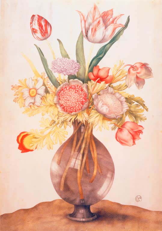 Giovanna Garzoni Stillleben mit Tulpen, Mohn und Päonie Kunstkopie, Blumenstrauß in bauchiger Glasvase