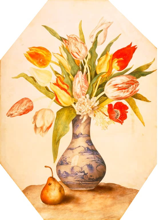 Giovanna Garzoni Stillleben mit Tulpen und einer Birne Kunstkopie, Tulpenstrauß in blau-weißer Vase im Achteck