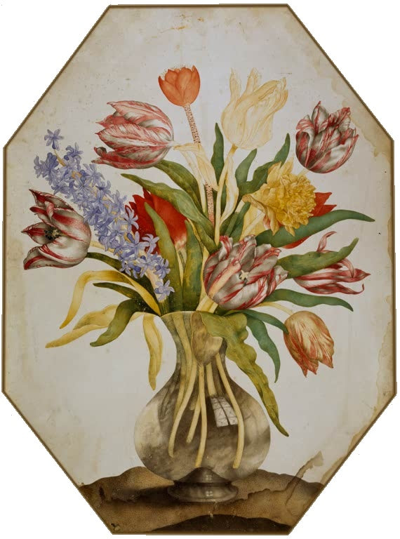 Giovanna Garzoni Stillleben mit Tulpen und Hyazinthe Kunstkopie, geflammte Tulpen in Glasvase auf achteckigem Blatt