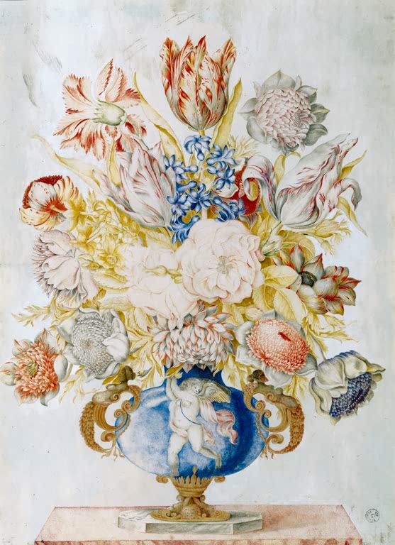 Giovanna Garzoni Tiefblaue Kristallvase mit Blumenstrauß Kunstkopie, Tulpen und Hyazinthen in blauer Vase mit Putto