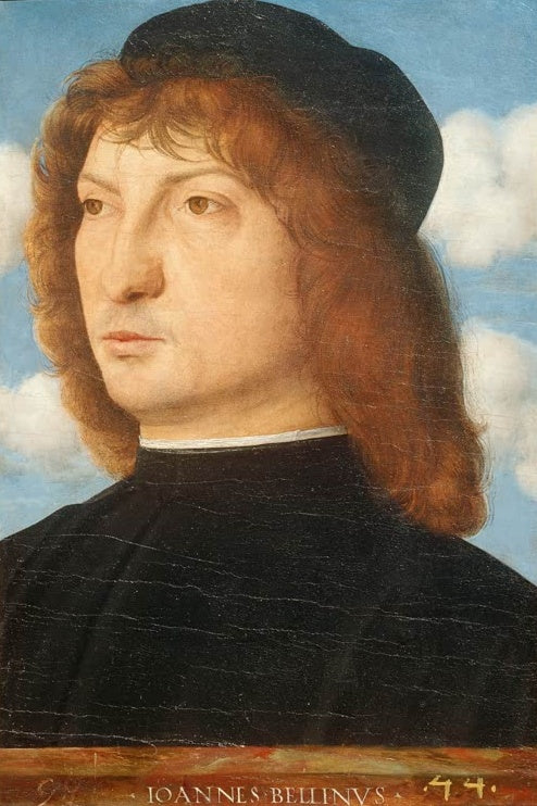 Mann mit roten Locken und schwarzer Kappe vor Wolkenhimmel – Giovanni Bellini Bildnis eines Venezianers Kunstkopie