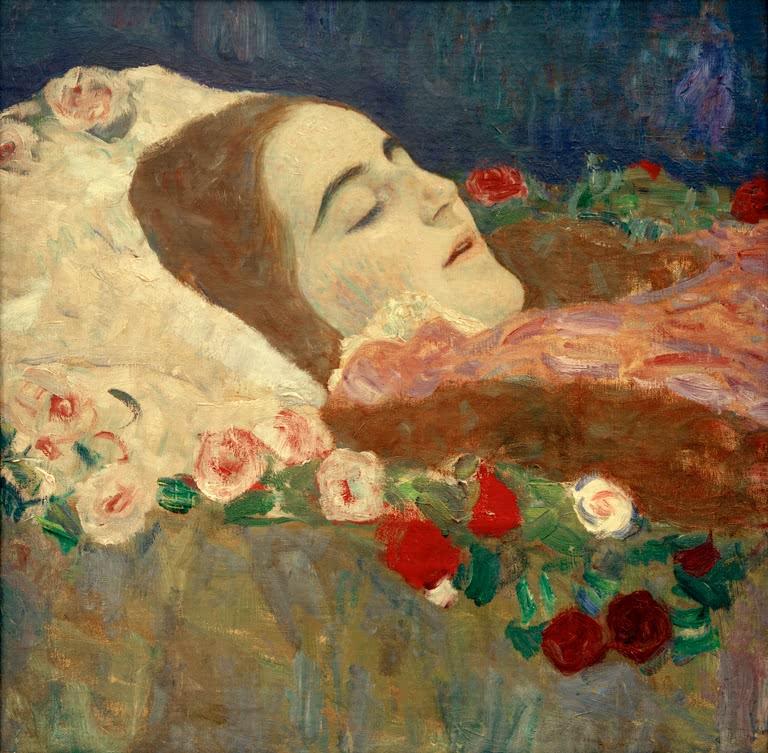 Schlafendes Mädchen mit rotbraunem Haar zwischen Rosen – Gustav Klimt Ria Munk auf dem Totenbett Kunstkopie