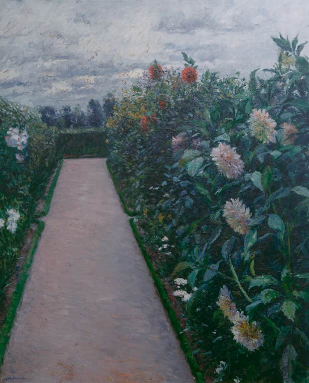 Gartenweg zwischen blühenden Dahlien – Gustave Caillebotte Allée de jardin et massifs de dahlias Kunstkopie